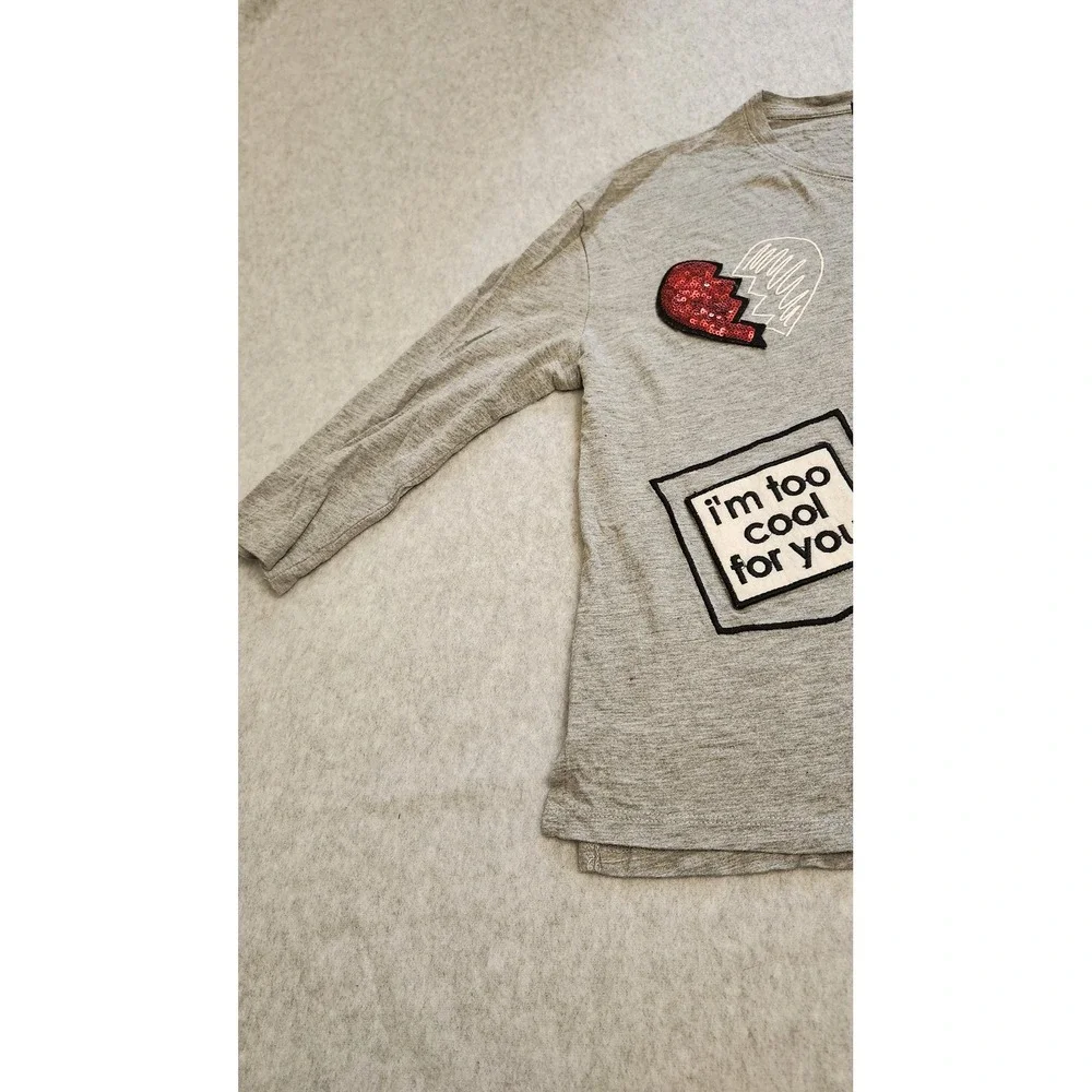 Bershka BSKGIRL Shirt Girls Small Gray Sequin Patch Graphic 3/4 Sleeve‎ Youth